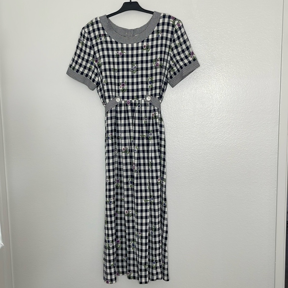 Vintage S.L. Fashions Plaid Floral Print Navy Short Sleeve Midi Dress Size 14